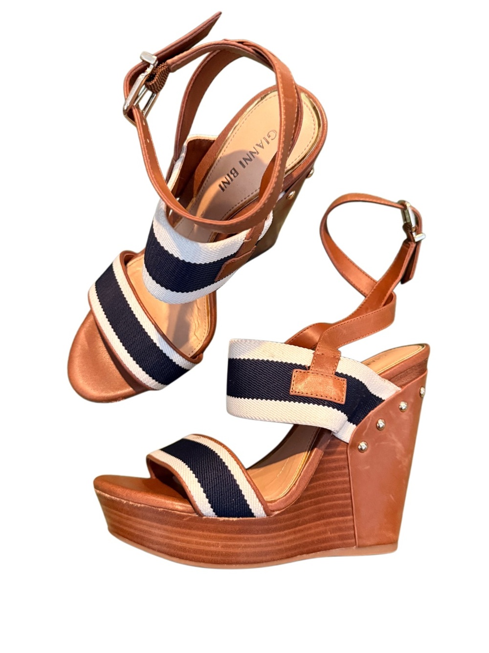Gianni Bini Tan Leather Wedges with Navy & White Striped Straps